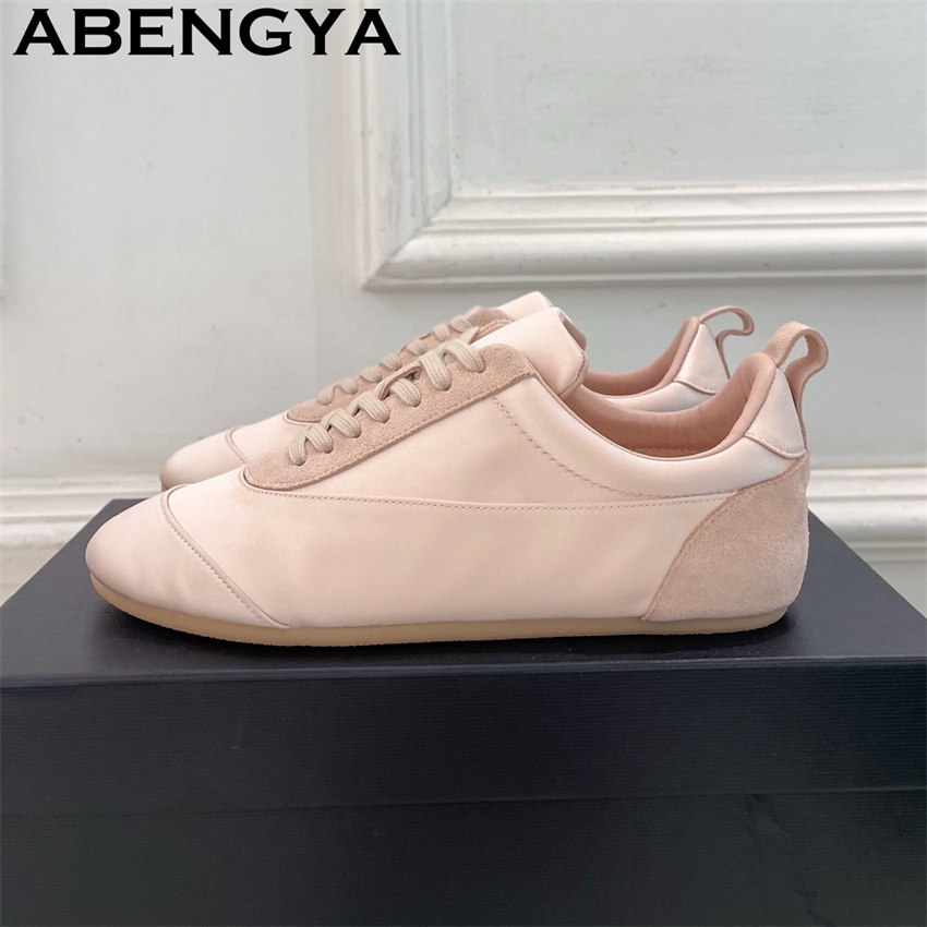 Oxford Lace Up Women - Roze satijnen ronde neus veterschoenen voor
